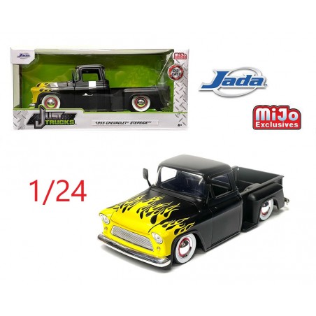 1955 Chevrolet Stepside pick-up noir + flaming - Jada Toys